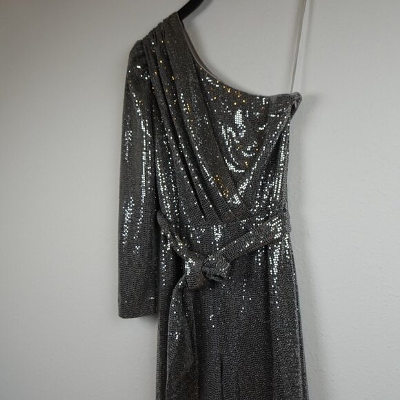 Alex Marie Silver Jumpsuit Women's Petite Size 4P Belted One Shoulder NEW - Picture 6 of 12